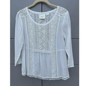 Maeve Anthropologie white boho white glowy top with beads and Pom poms 6